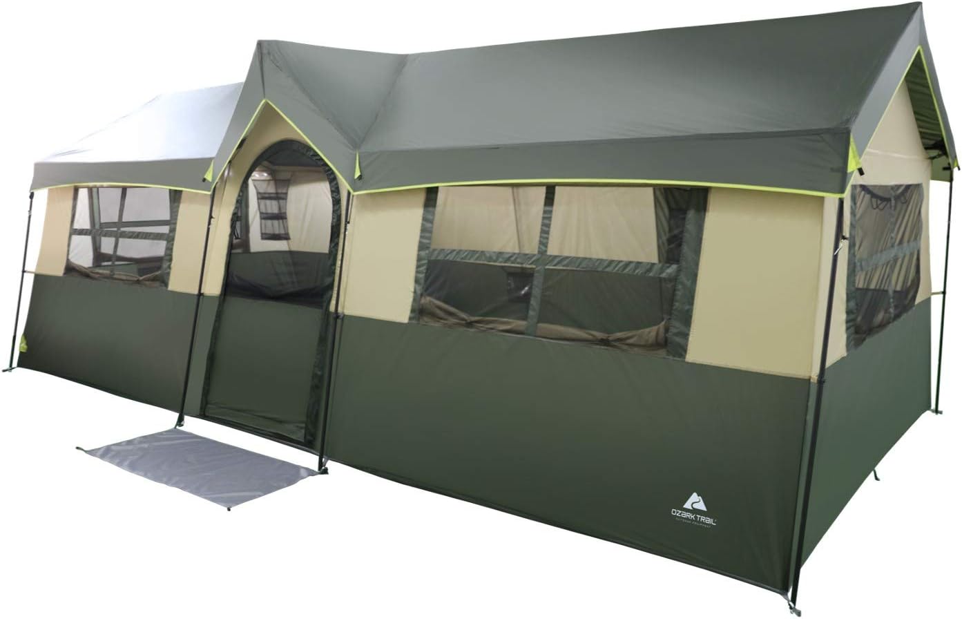 Spacious and Comfortable Ozark Trail Hazel Creek 12 Person Cabin Tent,with Two Closets with Hanging Organizers,Room Dividers,Mud Mat,E-Port and Rolling Storage Duffel for Convenience,Green