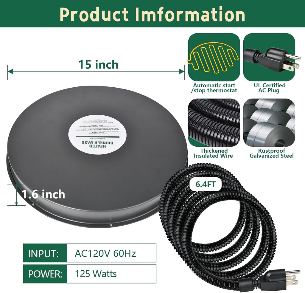 Heated Chicken Waterer Base for Winter, 125W, Fits Plastic or Metal Drinker W866480
