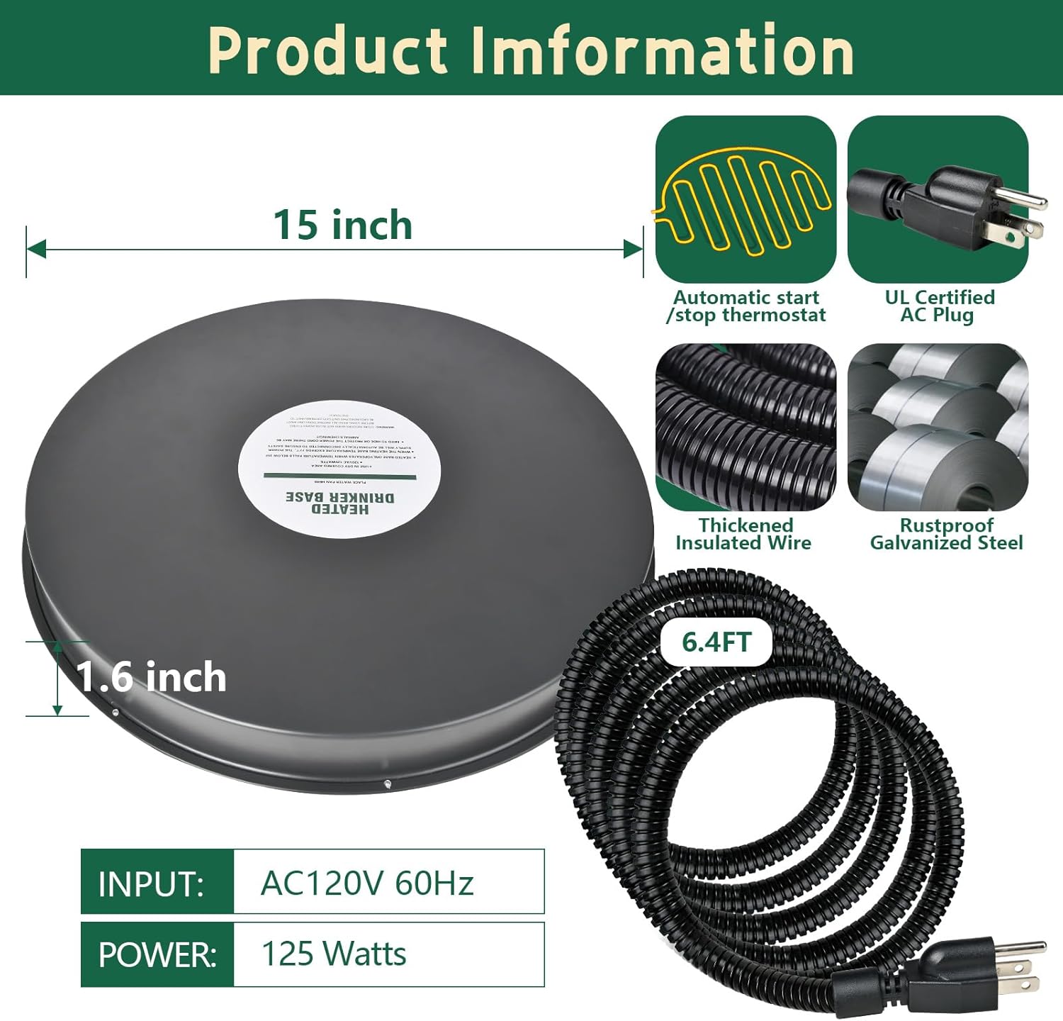 Heated Chicken Waterer Base for Winter, 125W, Fits Plastic or Metal Drinker W866480