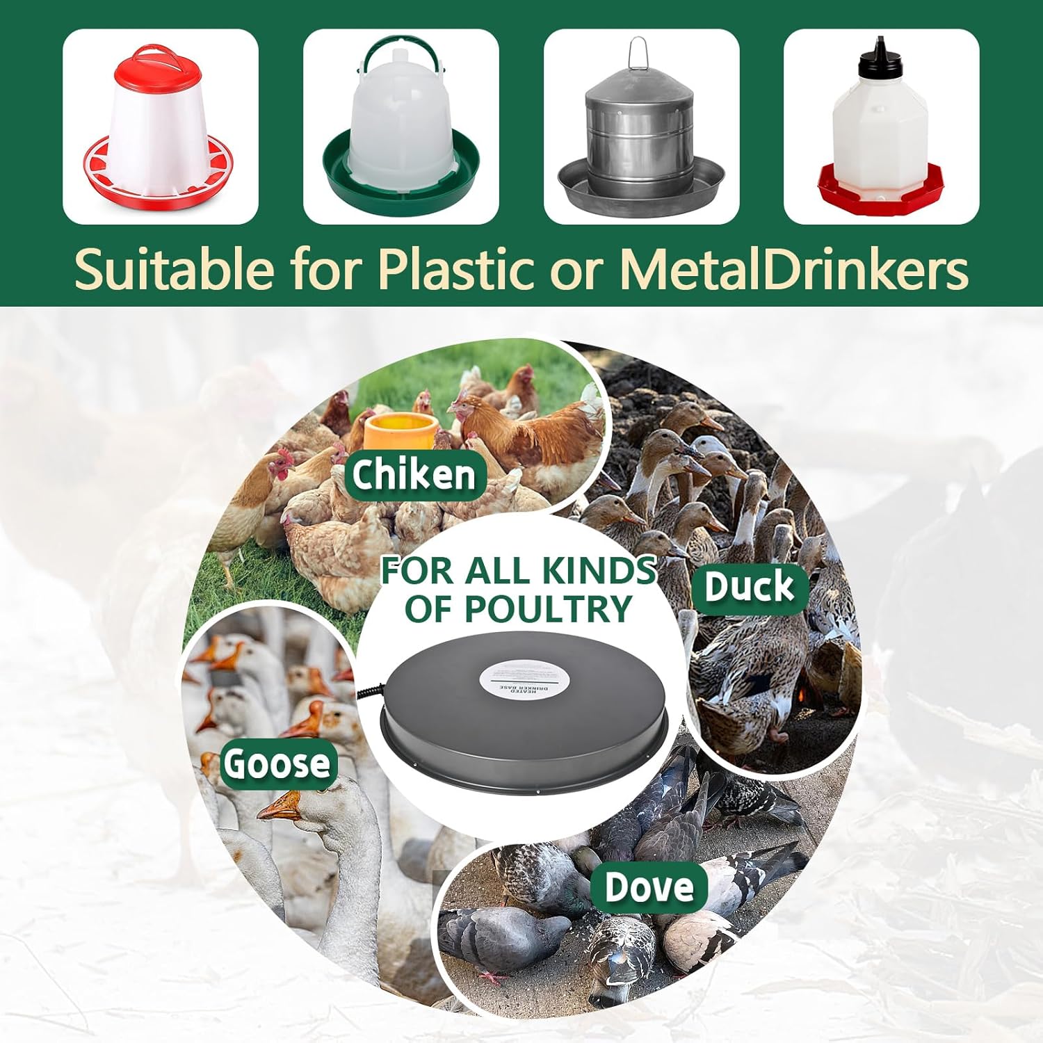 Heated Chicken Waterer Base for Winter, 125W, Fits Plastic or Metal Drinker W866480