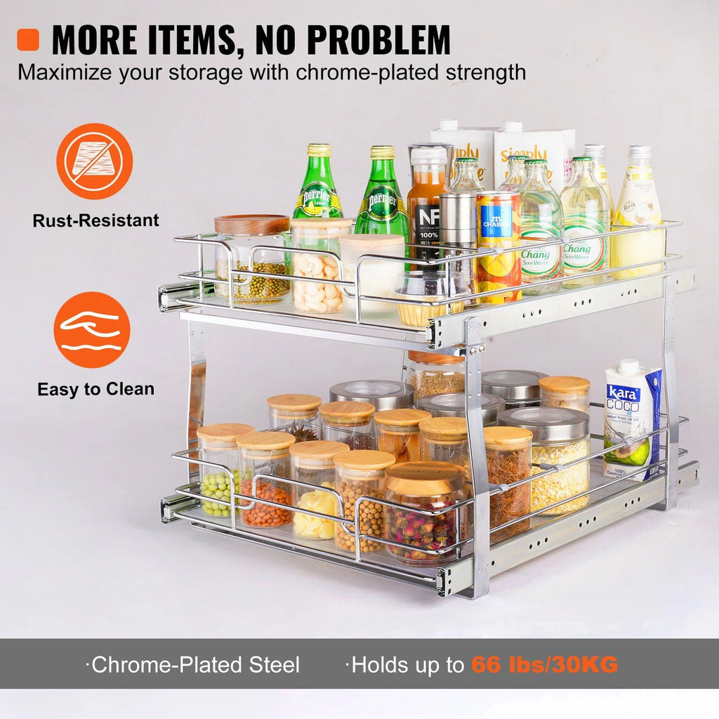 2 Tier Pull Out Cabinet Organizer, Chrome Steel Slide Out Shelves J23936