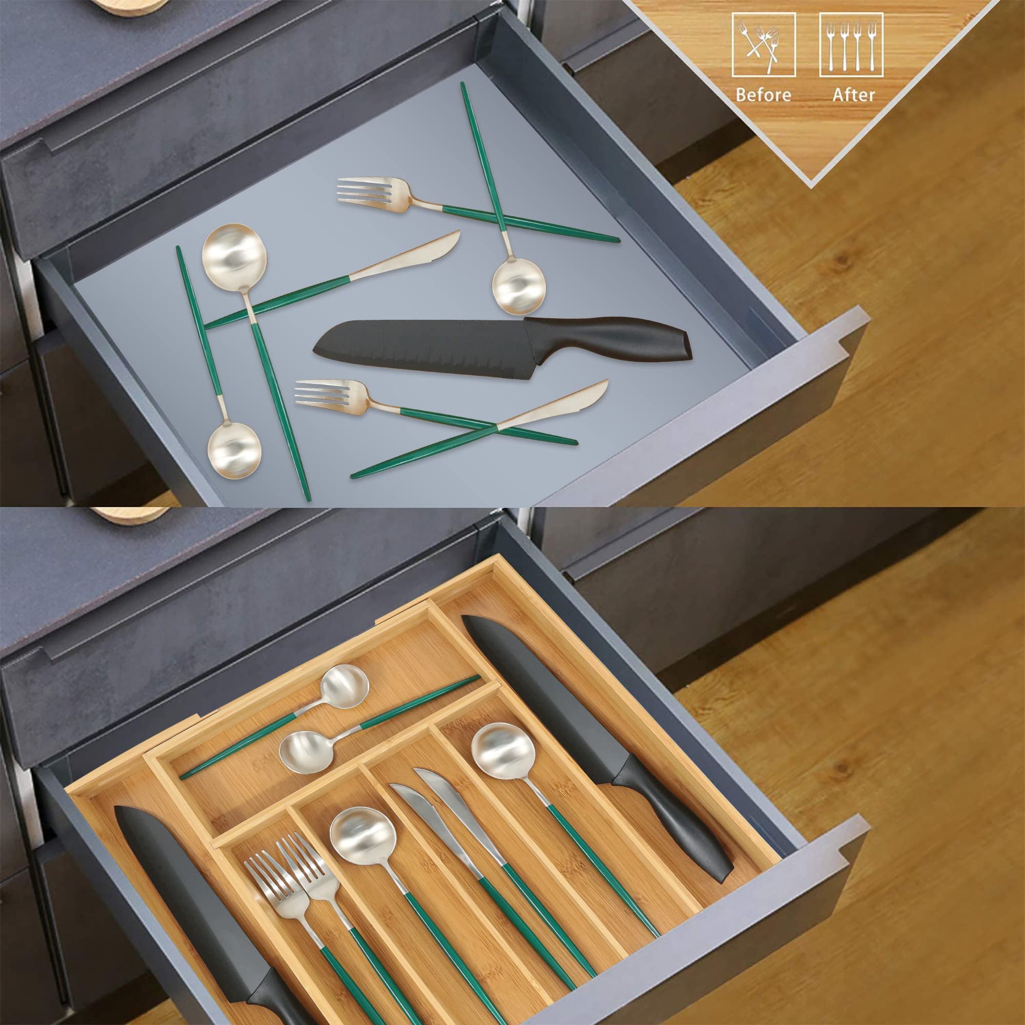 Bamboo Drawer Organizer Expandable Silverware Tray with Dividers K231