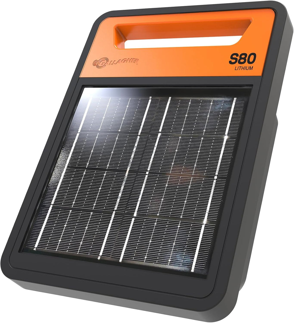Gallagher S80 Solar Electric Fence Charger | Powers Up to 30 Miles / 100 Acres of Fence | Solar Lithium Technology | 0.8 Joule Solar Energizer for Poultry, Livestock, Gardens, and Wildlife Exclusion