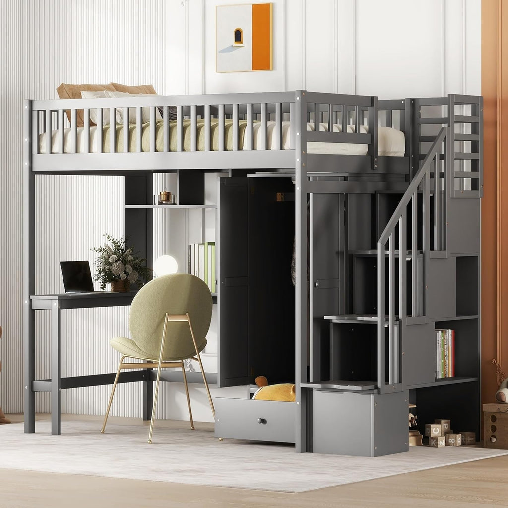 Loft Bed with Bookshelf Desk and Wardrobe Grey H653