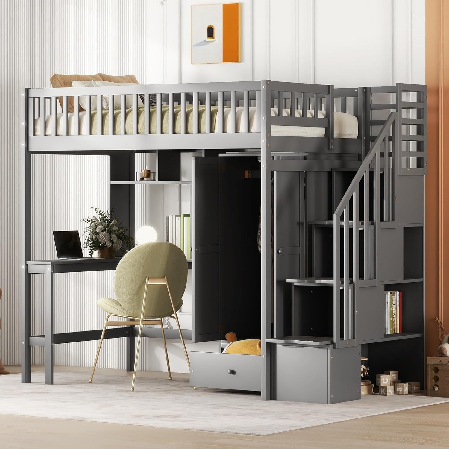 Loft Bed with Bookshelf Desk and Wardrobe Grey H653