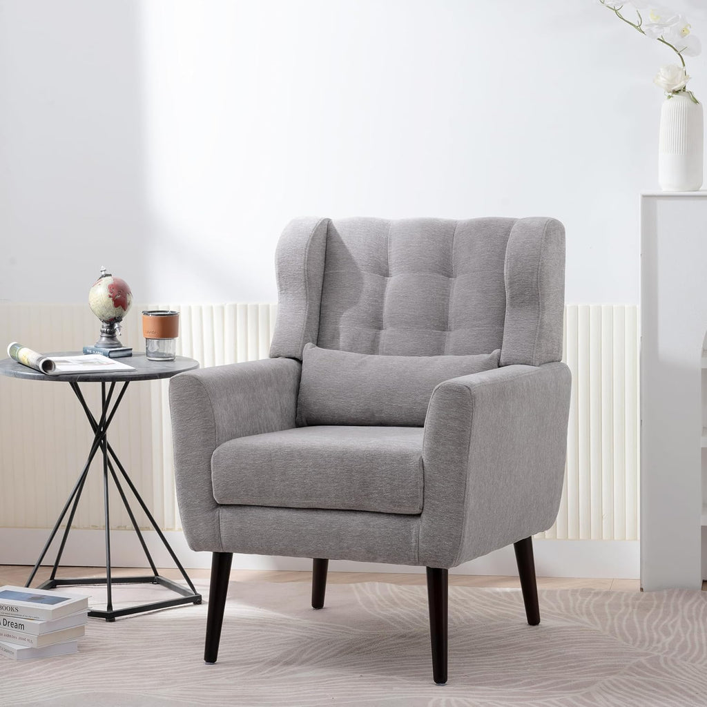 Modern Accent Chair,Chenille Arm Chairs for Living Room,Upholstered Mordern Armchair,Comfy Soft Padded Lounge Chair in Small Space, Bedroom, w/Pillow, Solid Wood Leg