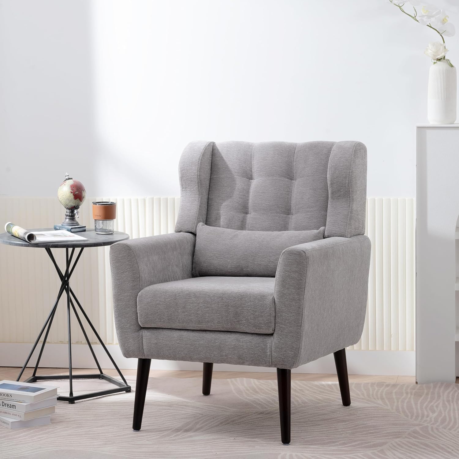 Modern Accent Chair,Chenille Arm Chairs for Living Room,Upholstered Mordern Armchair,Comfy Soft Padded Lounge Chair in Small Space, Bedroom, w/Pillow, Solid Wood Leg