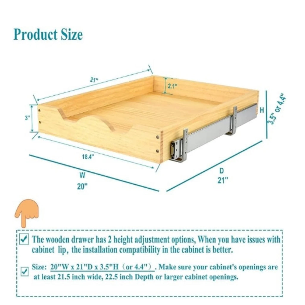 Pull Out Cabinet Organizer 20W x 21D, Wood Drawer Shelf N826