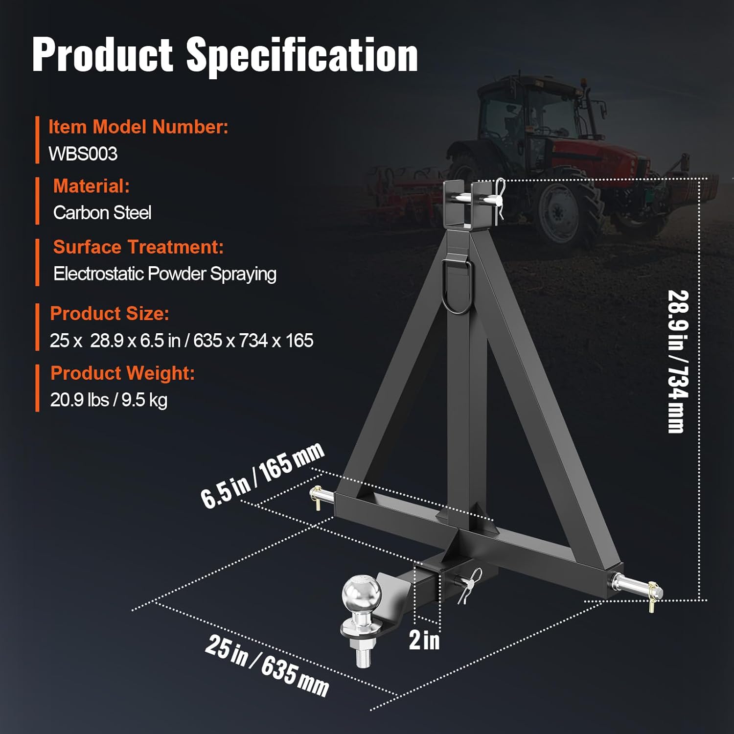3 Point Hitch Receiver 2" Trailer Hitch Tractor Tow Drawbar Adapter with Pins C457