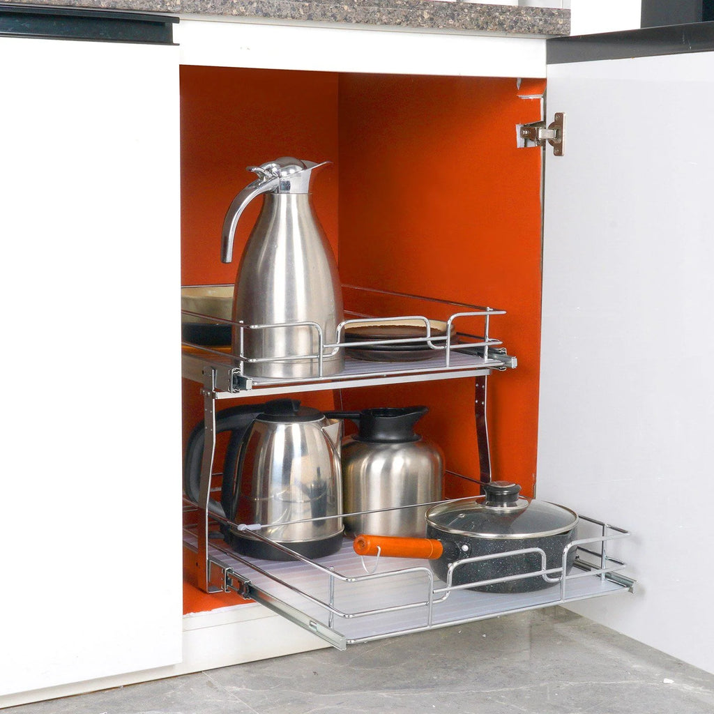 2 Tier Pull Out Cabinet Organizer, Chrome Steel Slide Out Shelves J23936