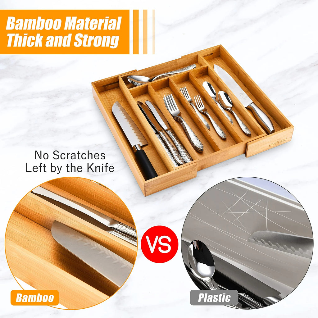 Bamboo Expandable Cutlery Tray Organizer for Kitchen Drawer F305636
