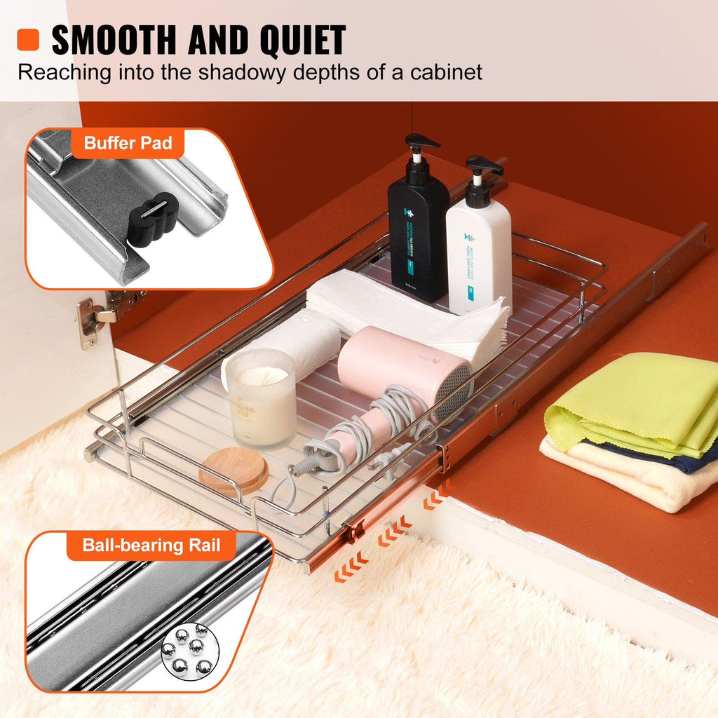 11W x 21D Heavy Duty Pull Out Cabinet Organizer, Chrome Steel Roll Out Shelves, Sliding Drawer Storage for Kitchen/Bathroom, Under Sink Pantry Shelves