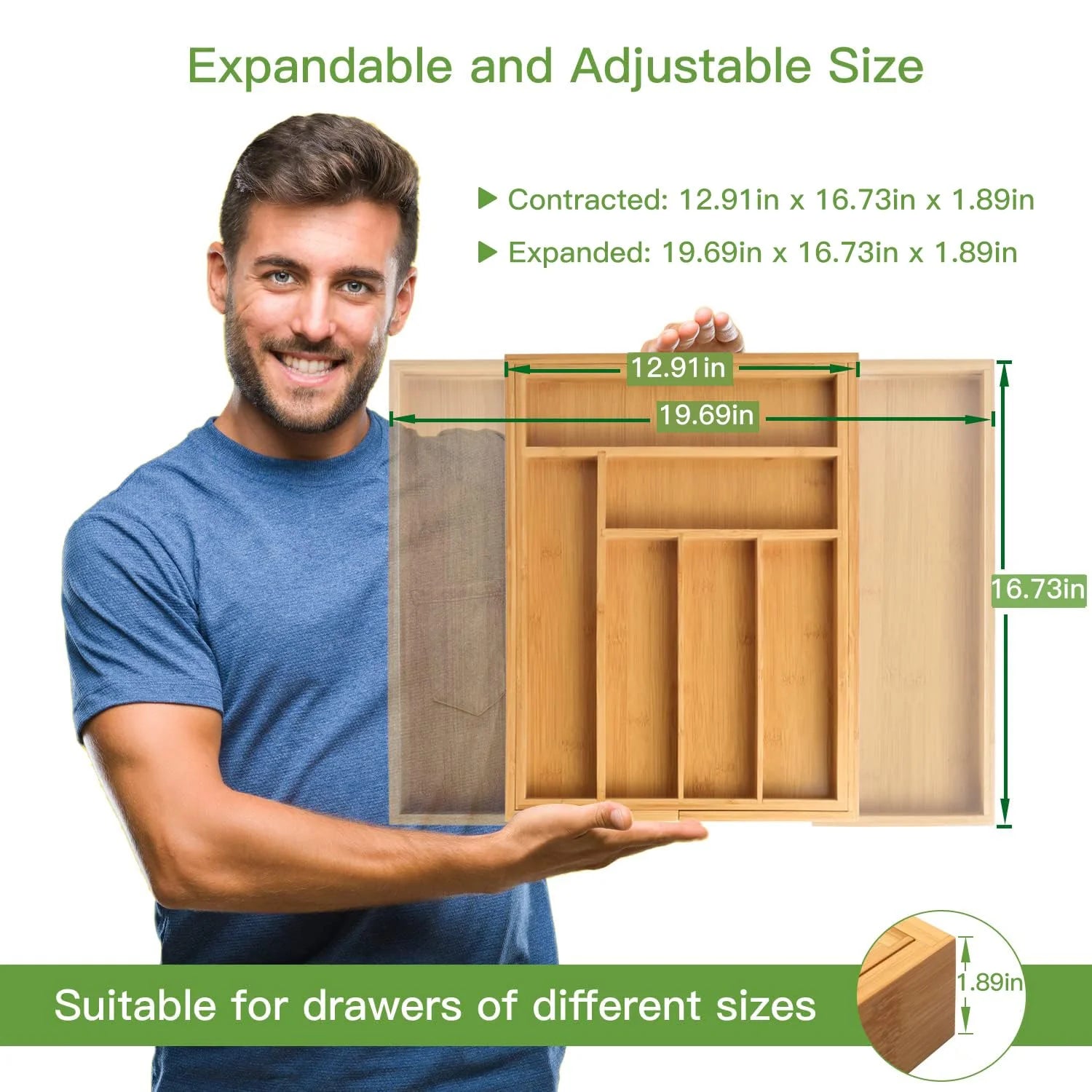 Bamboo Utensil Organizer, Expandable Cutlery Drawer Tray, Brown A1038