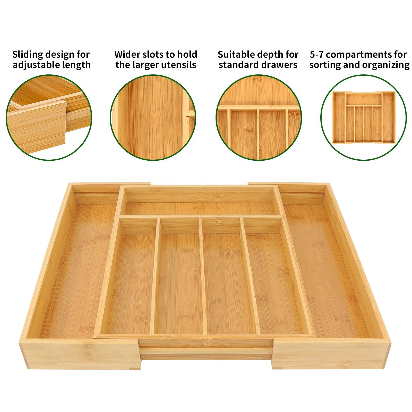 Bamboo Drawer Organizer Expandable Silverware Tray with Dividers K231
