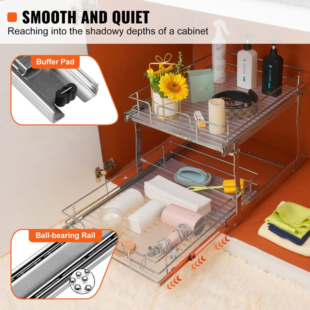 2 Tier Slide Out Cabinet Organizer, 17 Inch Wide, Chrome Steel Shelves W340