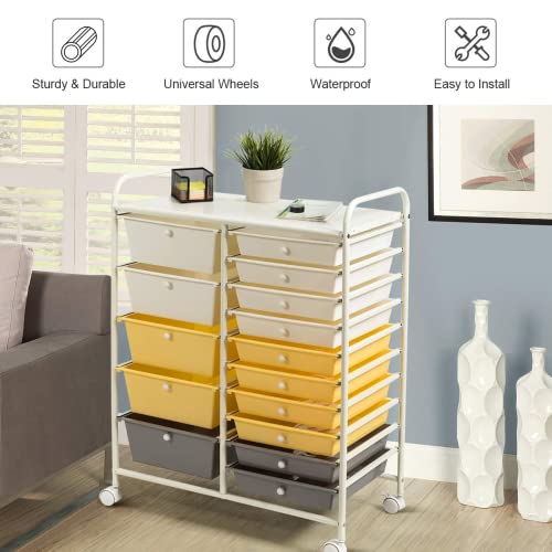 Rolling Storage Cart with 15 Drawers, Lockable Wheels, Black P3598