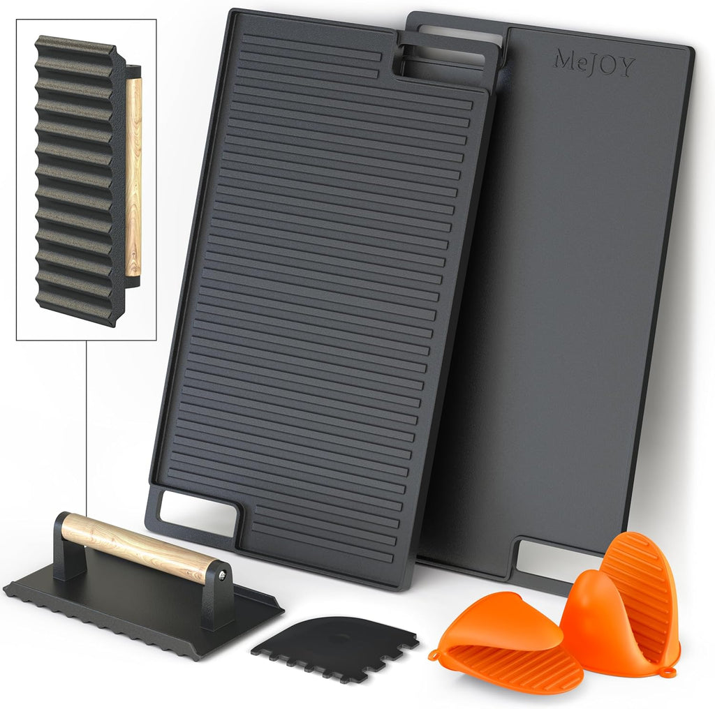 Cast Iron Griddle for Stove Top, Reversible Grill/Griddle + Cast Iron Press + Pan Scraper + Pinch Mitts, For Gas Stove, Grill, Camping & Outdoors - Pre Seasoned & Non-stick (16.75" X 9.5")
