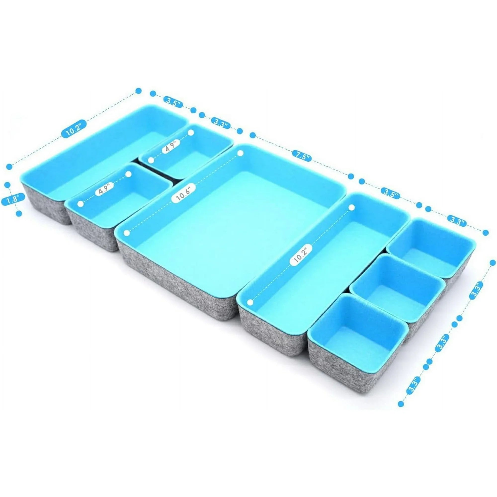 Felt drawer organizer trays for desk storage, 8-piece set in glacier gray H2147