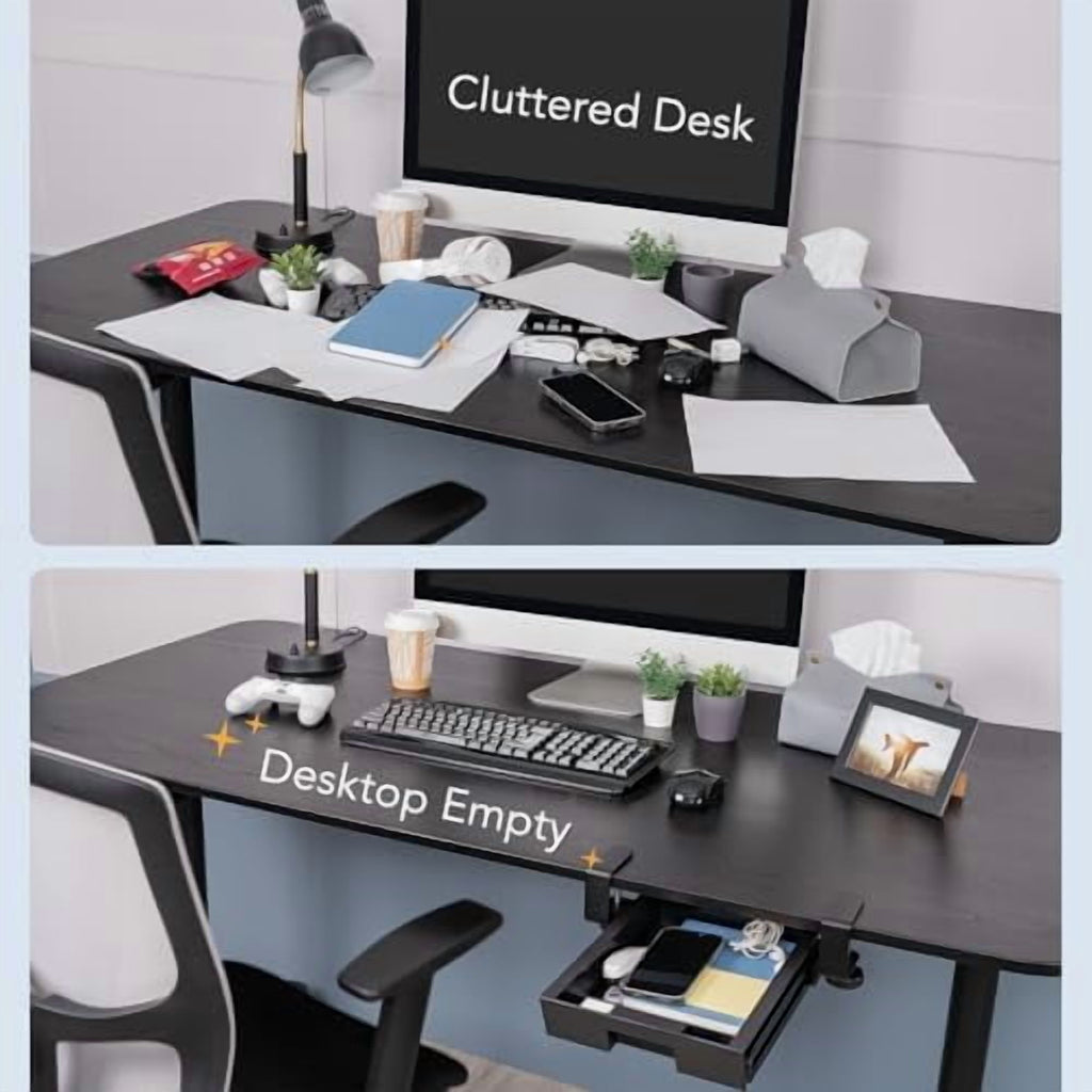 Under Desk Slide-Out Storage Drawer, Small Pull-Out Organizer with Adjustable C-Clamp Mount, Black Tray Q18935