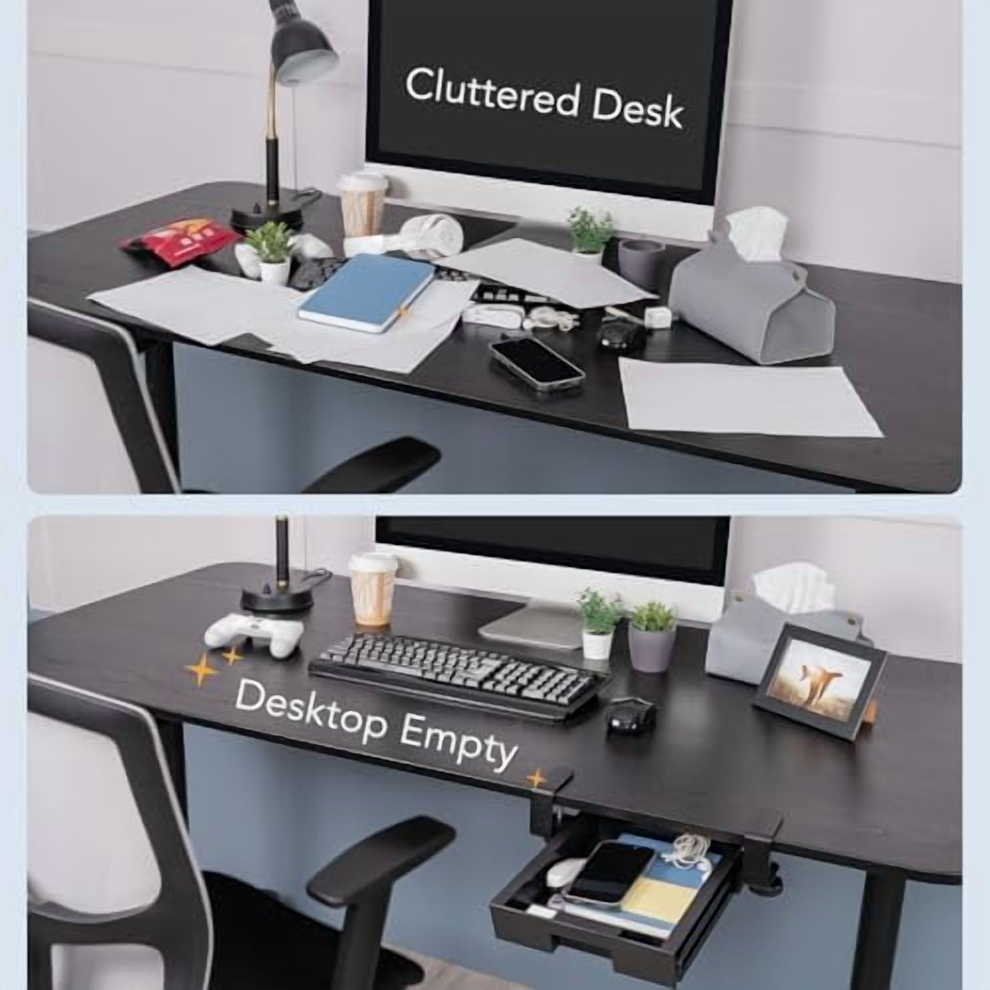Under Desk Slide-Out Storage Drawer, Small Pull-Out Organizer with Adjustable C-Clamp Mount, Black Tray Q18935