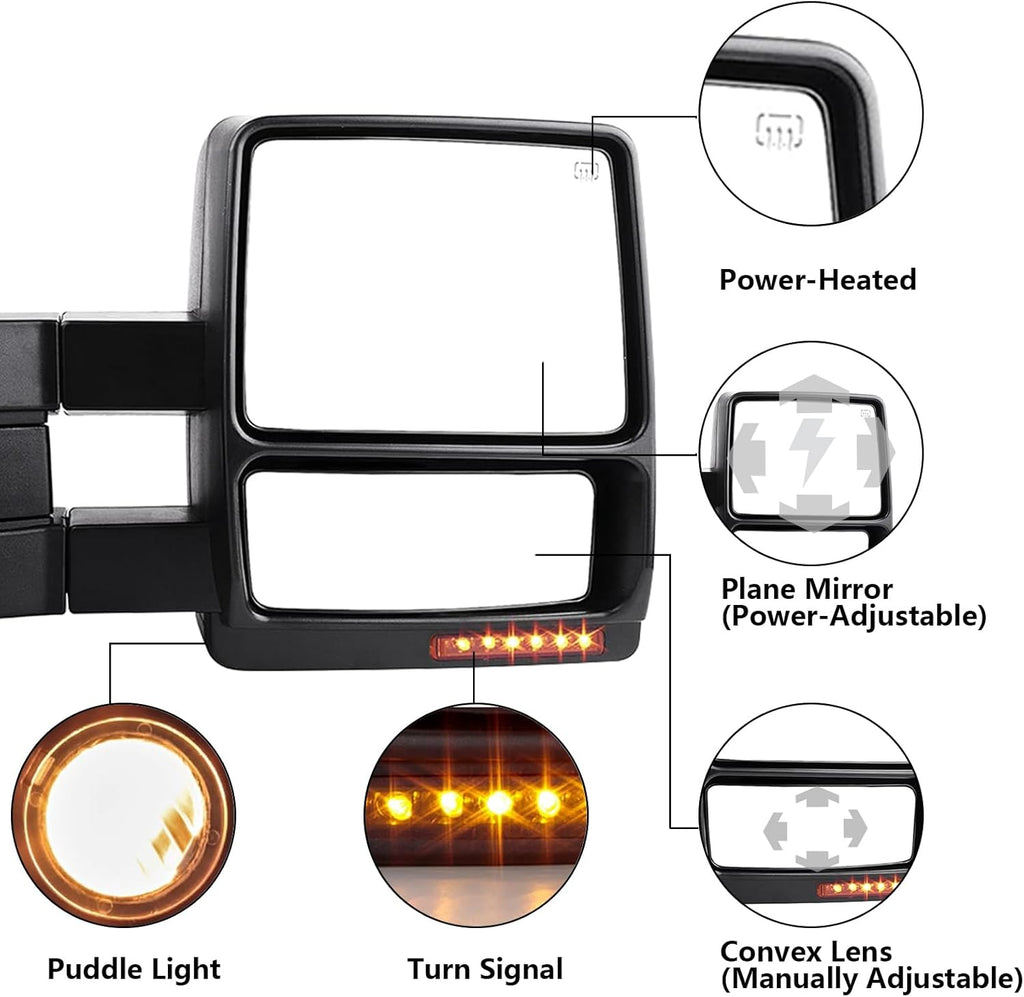 Towing Mirrors Pair for 2007-2014 F-150, Power Heated, Amber Signal, Puddle Light, Convex Lens, Black S9975