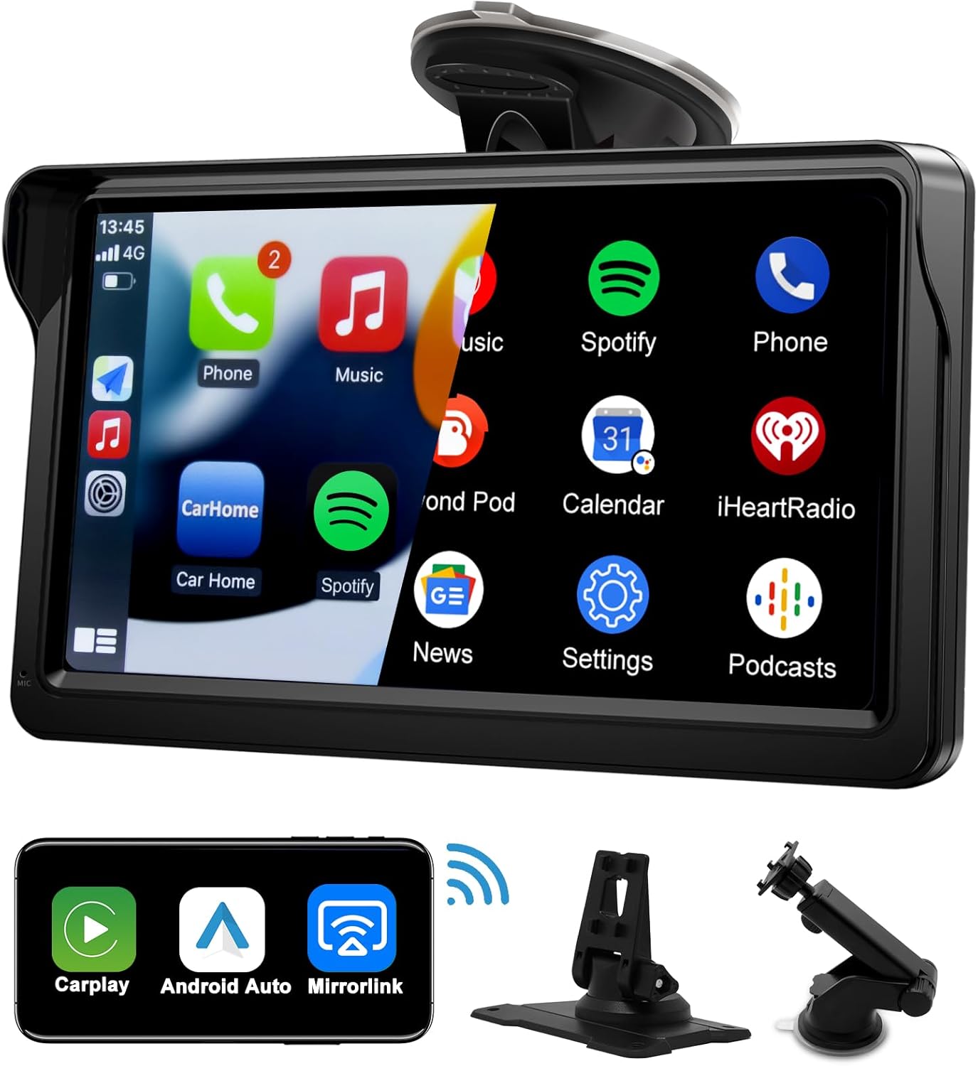 Portable Car Stereo for Apple Carplay, Android Auto, Mirror Link, Wireless Car Play Touch Screen with Bluetooth Handsfree, GPS Car Navigation, Siri/Google Voice Assistant, FM/AUX/USB/TF, 7 Inch