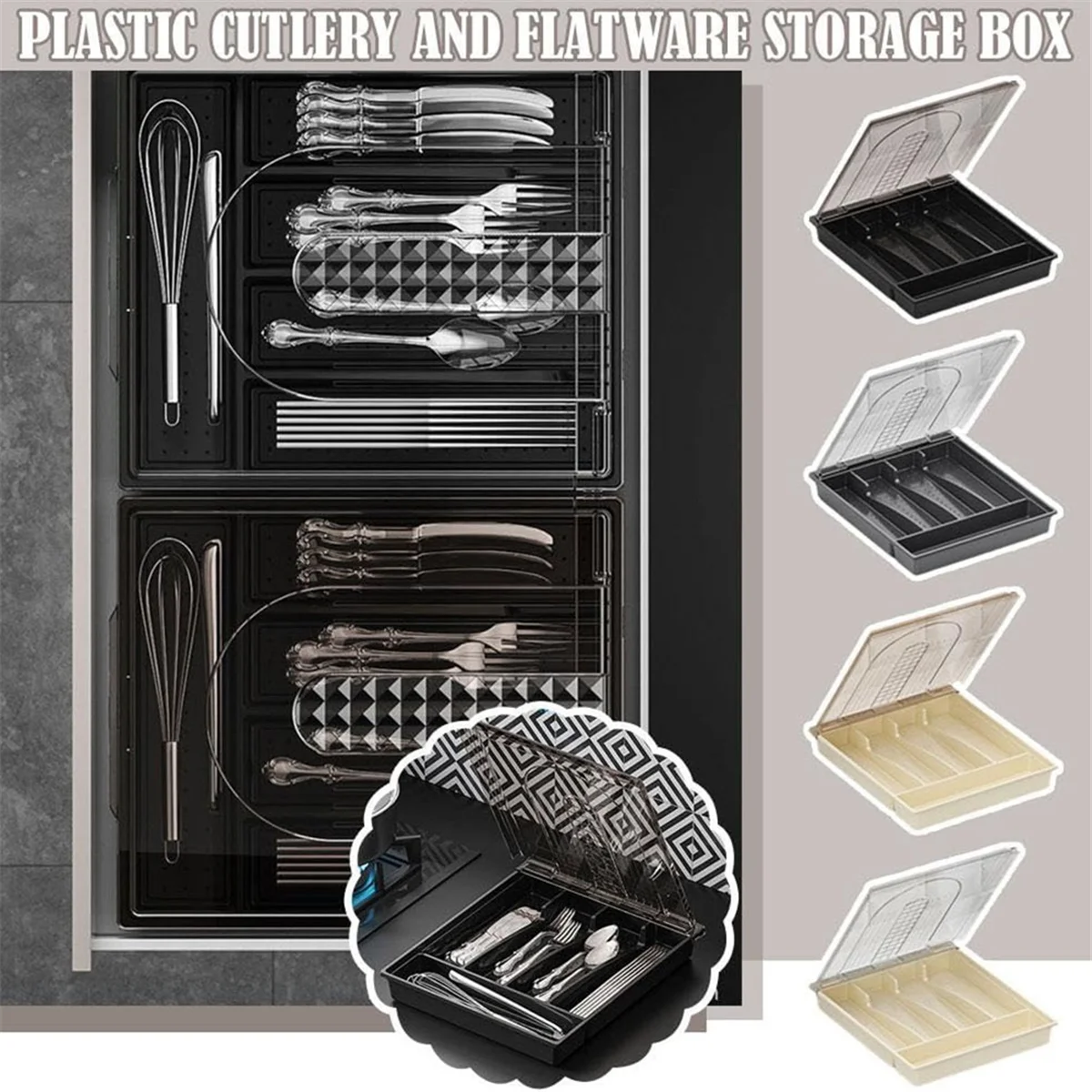 Plastic Cutlery and Flatware Storage Box with Lid Q259414