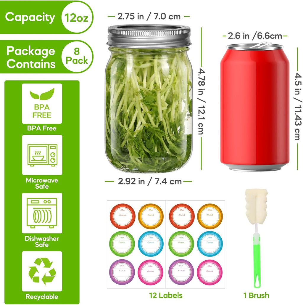 12 oz Glass Mason Jars with Airtight Lids, 8 Pack for Canning and Meal Prep X461