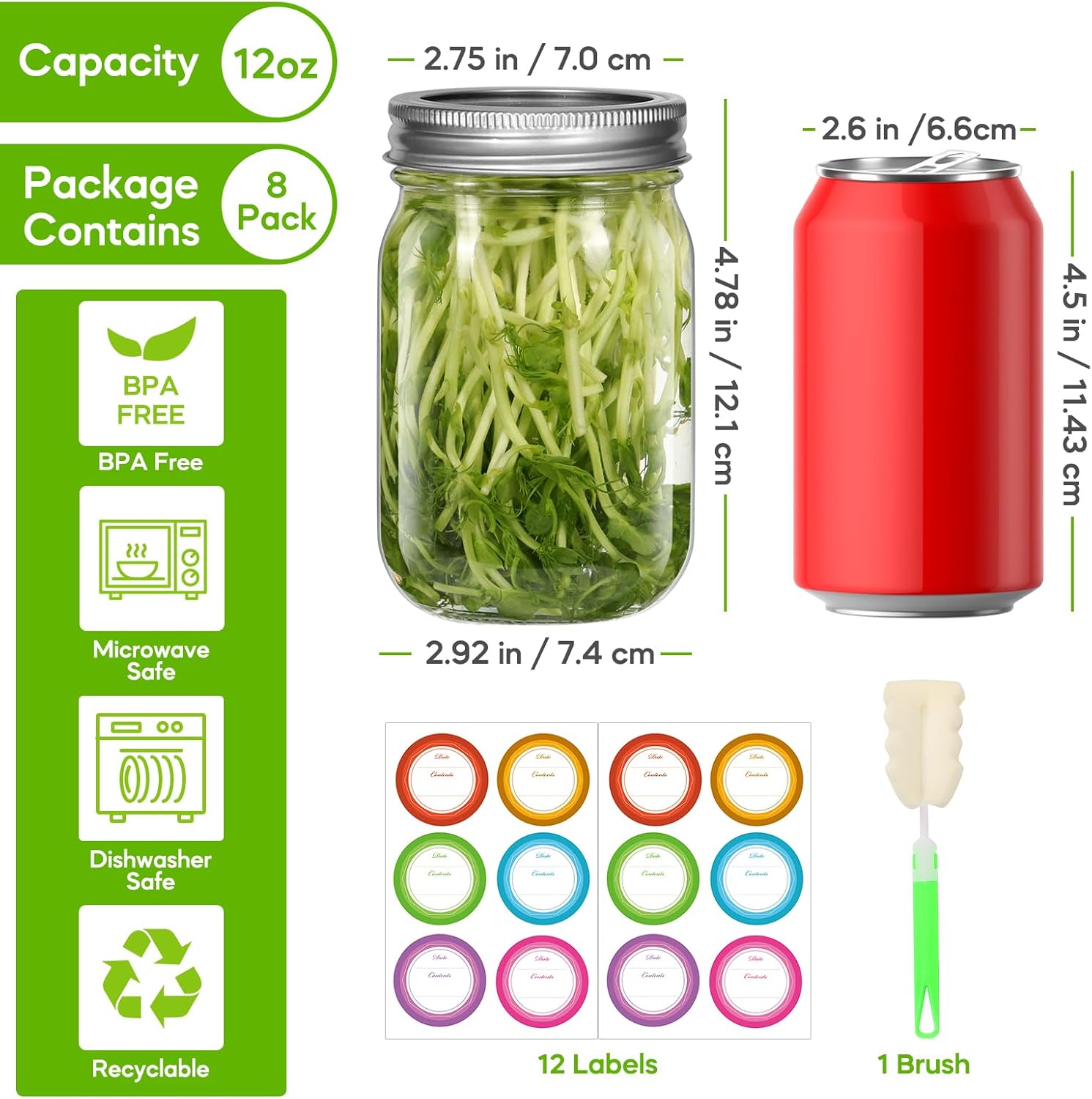 12 oz Glass Mason Jars with Airtight Lids, 8 Pack for Canning and Meal Prep X461