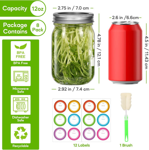 12 oz Glass Mason Jars with Airtight Lids, 8 Pack for Canning and Meal Prep X461
