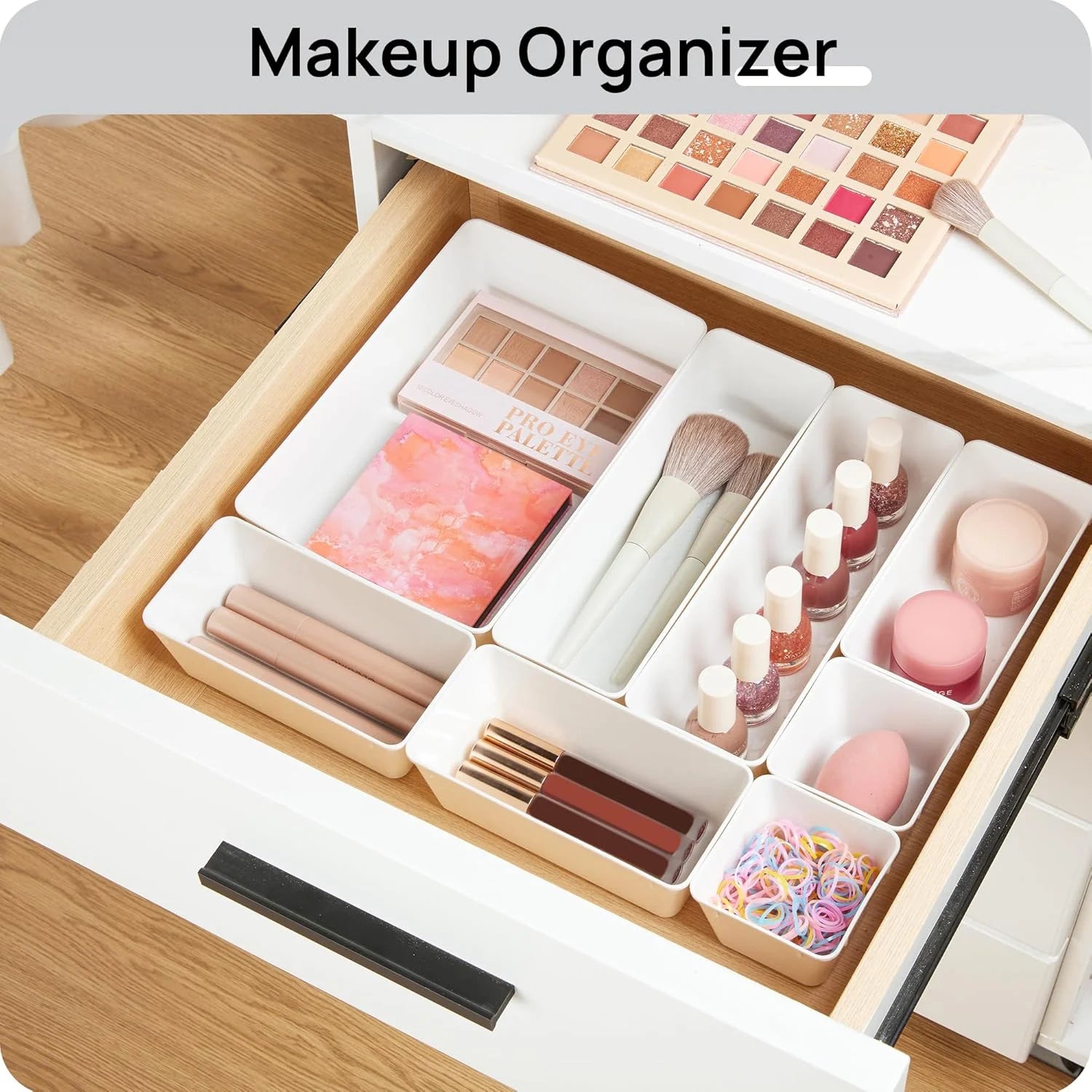 Desk Drawer Organizer Trays, 4-Size Plastic Storage Bins, Black V283374