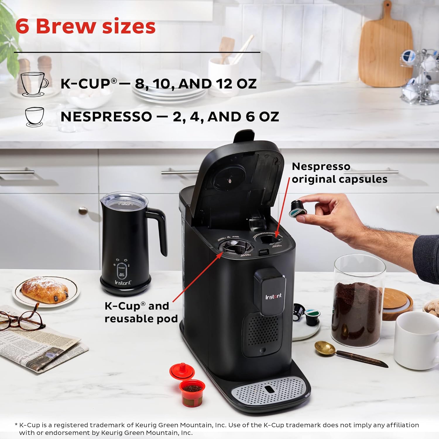 Espresso, K-Cup Pod and Ground Coffee Maker with Reusable Pod, 2 to 12oz Brew Sizes M285