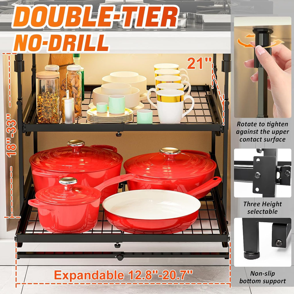 2 Tier Pull Out Cabinet Organizer, Expandable 13-21 Inch Wide, No-Drill Slide Out Drawers S625232