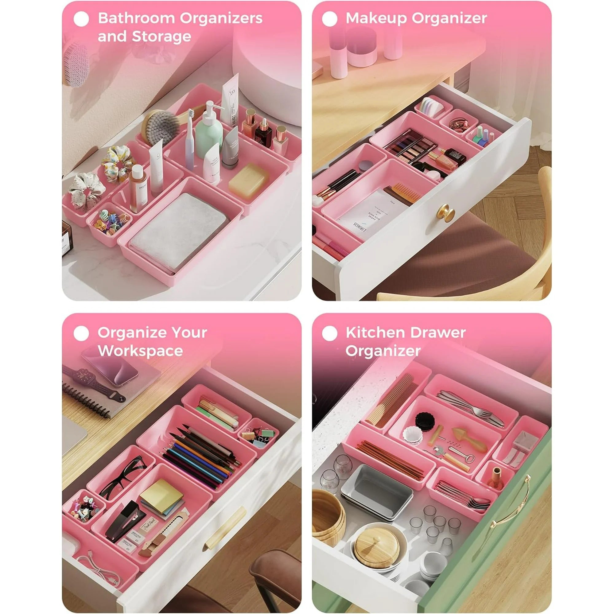 Plastic Drawer Organizers Set, 4-Sizes Vanity and Makeup Storage Trays B852