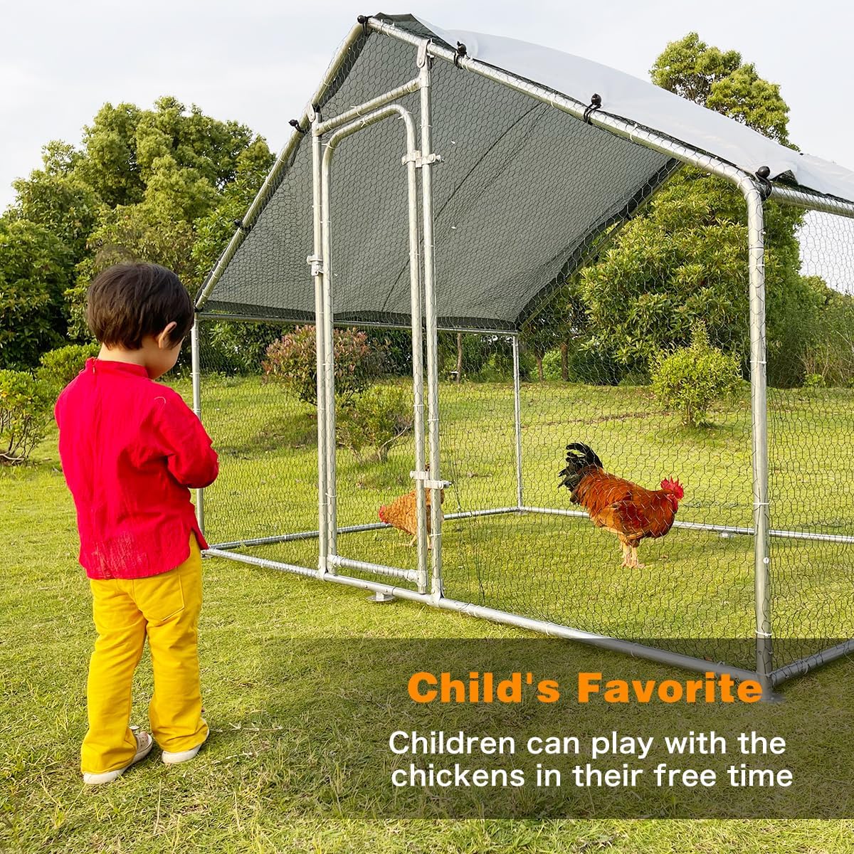 Large Metal Chicken Coop Walk-in Poultry Cage with Waterproof Cover for Outdoor Backyard Use C8425