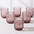 Set of 6 Red Vintage Drinking Glassware- 12OZ Pink Glass Drinking Cups, Thick Farmhouse Drinking Glasses, Embossed Kitchen Glassware Set for Soda Lemonade Cocktail Wine, Dishwasher Safe