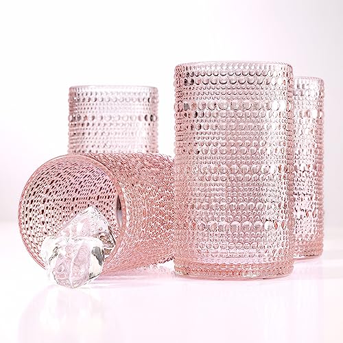 Hobnail Drinking Glasses, Blue Vintage Glassware Set, Set of 4, 13 oz Cocktail Glasses M698