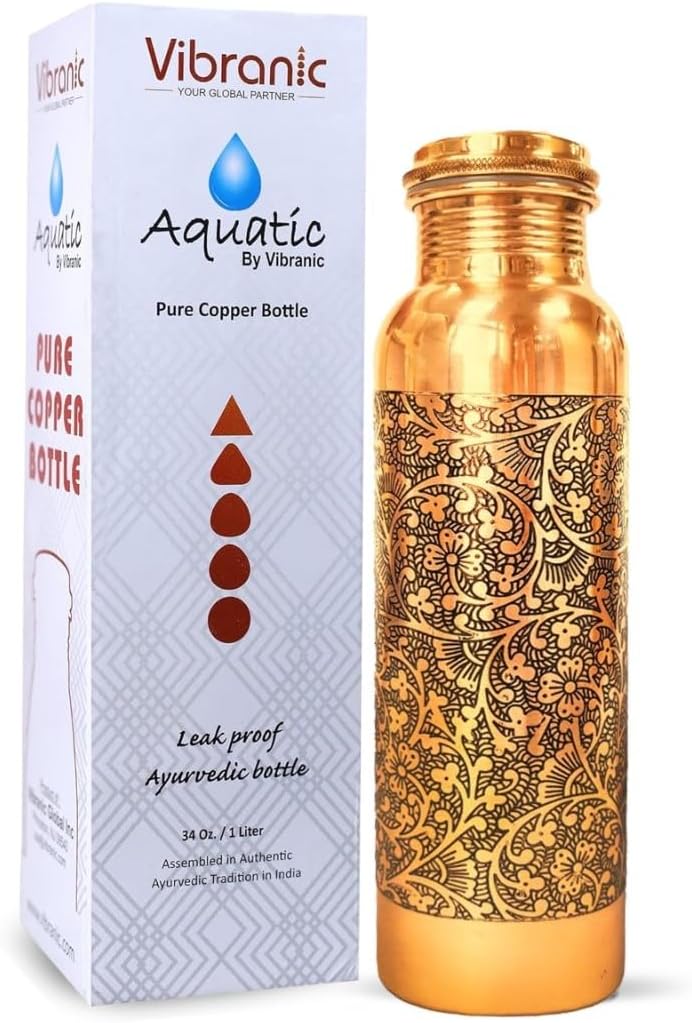 Aquatic Copper Water Bottle 34oz - Leak Proof - Ayurvedic Copper Bottle for Sports, Fitness, Yoga - Natural Health Benefits - DARK EMBOSSED - Made in India