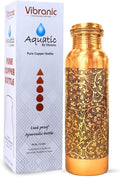 Aquatic Copper Water Bottle 34oz - Leak Proof - Ayurvedic Copper Bottle for Sports, Fitness, Yoga - Natural Health Benefits - DARK EMBOSSED - Made in India