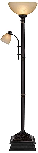 Regency Hill Garver Industrial Style Torchiere Floor Lamp with Reading Light Riser 76.75" Tall Oil Rubbed Bronze Brown Metal Amber Glass Shade Decor for Living Room House Bedroom Home