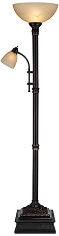 Regency Hill Garver Industrial Style Torchiere Floor Lamp with Reading Light Riser 76.75" Tall Oil Rubbed Bronze Brown Metal Amber Glass Shade Decor for Living Room House Bedroom Home