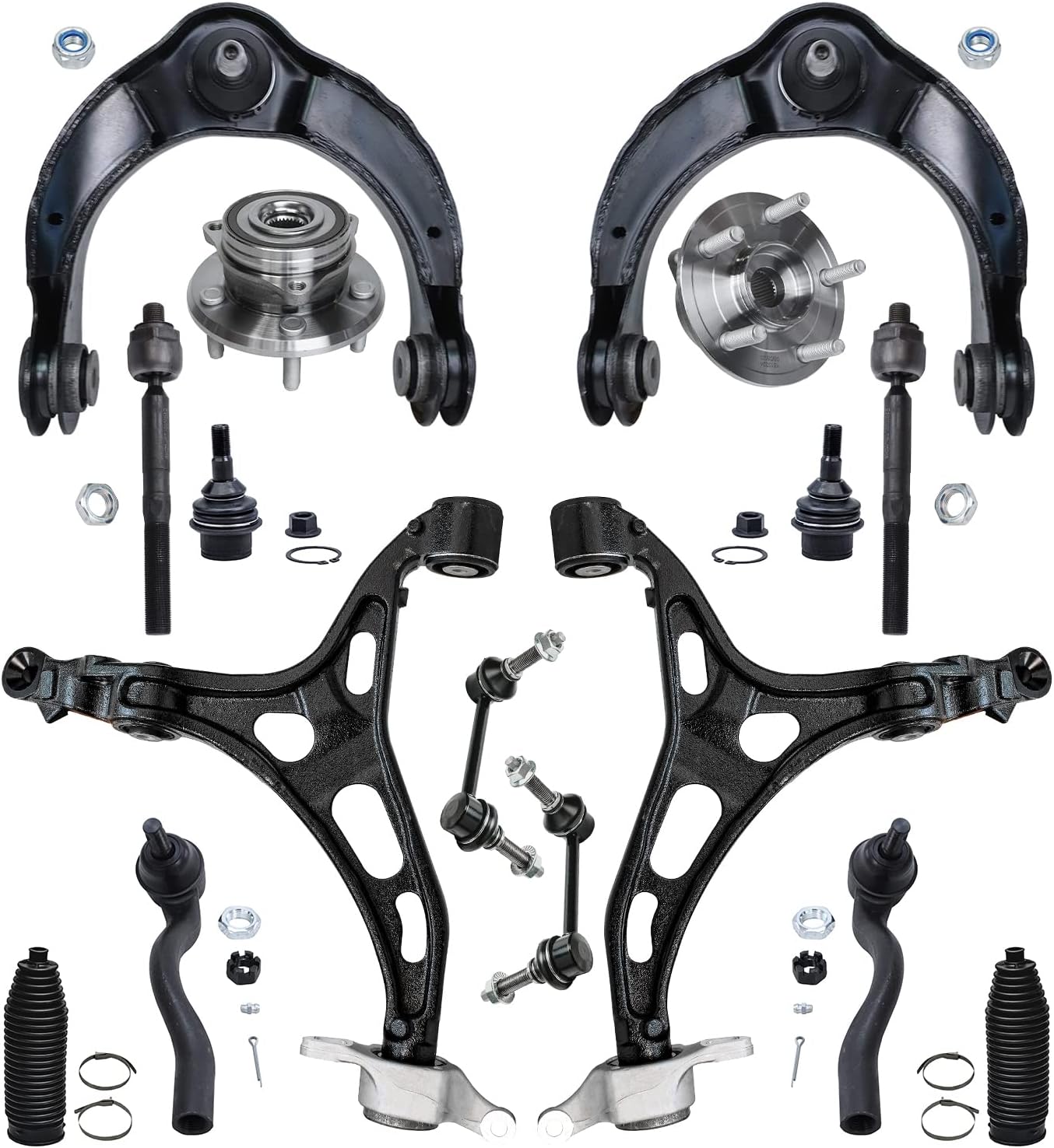 Detroit Axle - Front End 16pc Suspension Kit for 11-15 Jeep Grand Cherokee Dodge Durango, 2 Wheel Bearing Hubs 4 Control Arms 4 Tie Rods 2 Sway Bars 2 Ball Joints 2 Boots Replacement