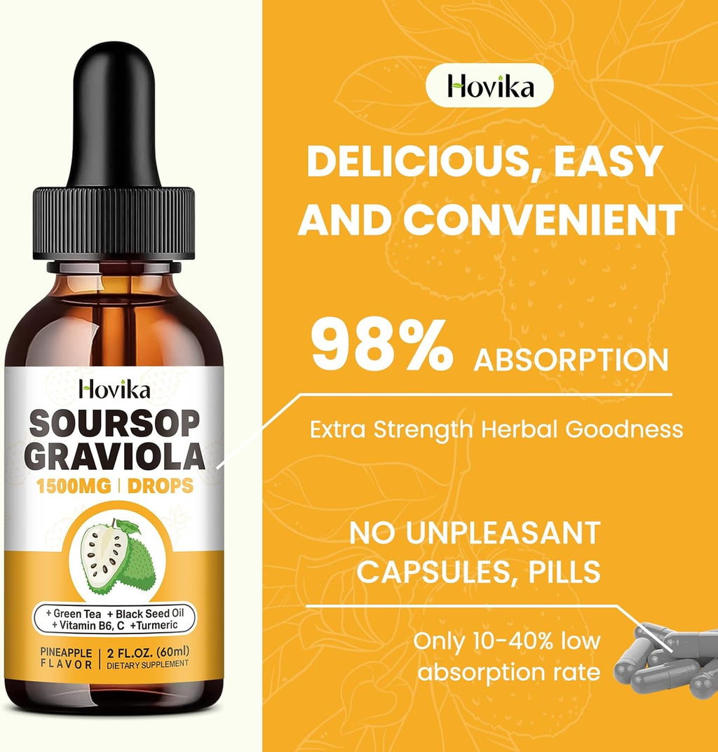 Soursop Graviola Liquid Drops with Green Tea, Black Seed Oil, Turmeric, 2 Fl Oz E51106