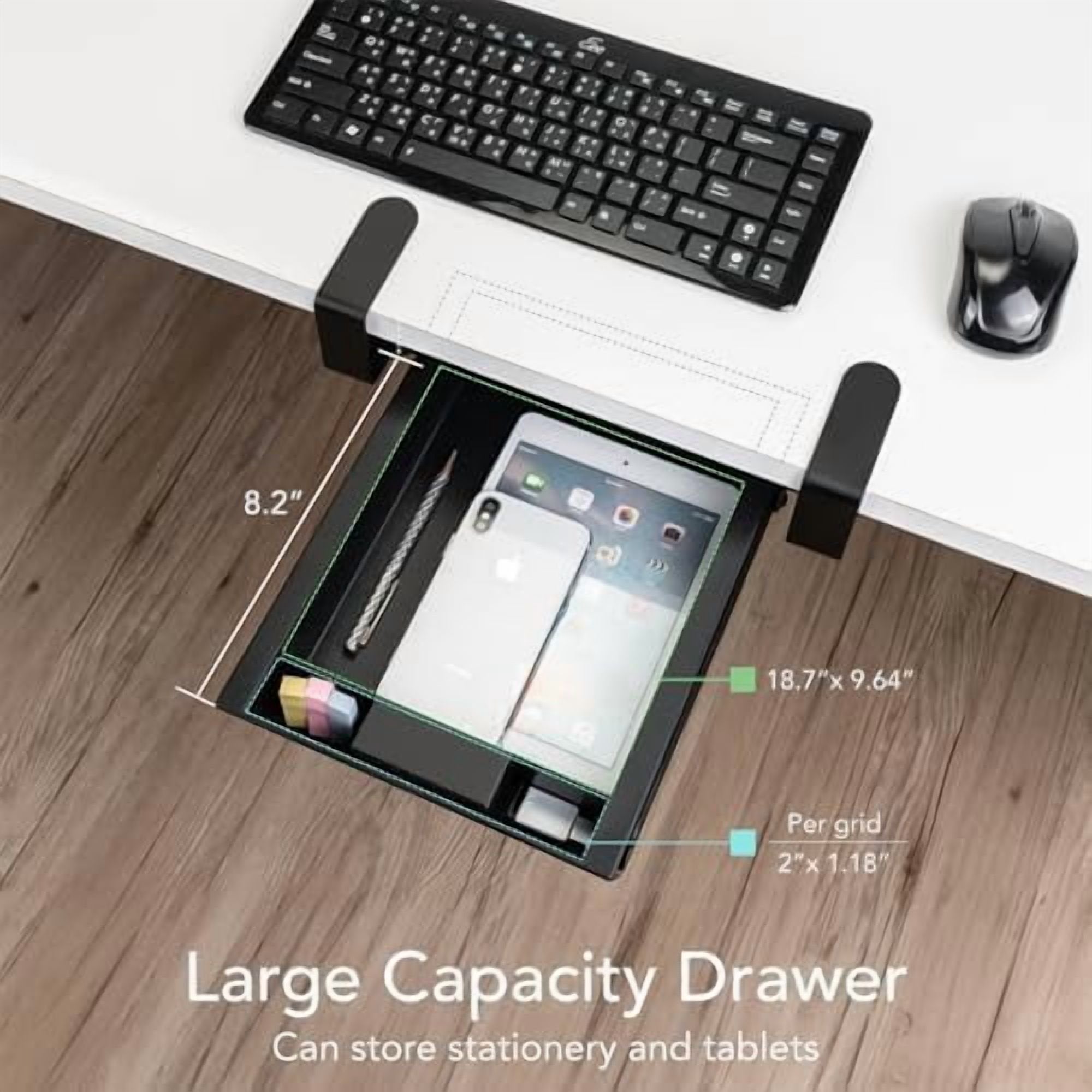 Under Desk Slide-Out Storage Drawer, Small Pull-Out Organizer with Adjustable C-Clamp Mount, Black Tray Q18935
