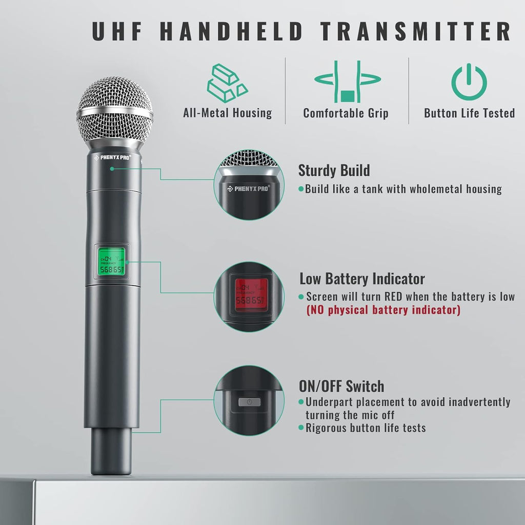 Wireless Microphone System, 4-Channel UHF Metal Cordless Mic with 4 Handheld Dynamic Microphones, 260ft Range C42881
