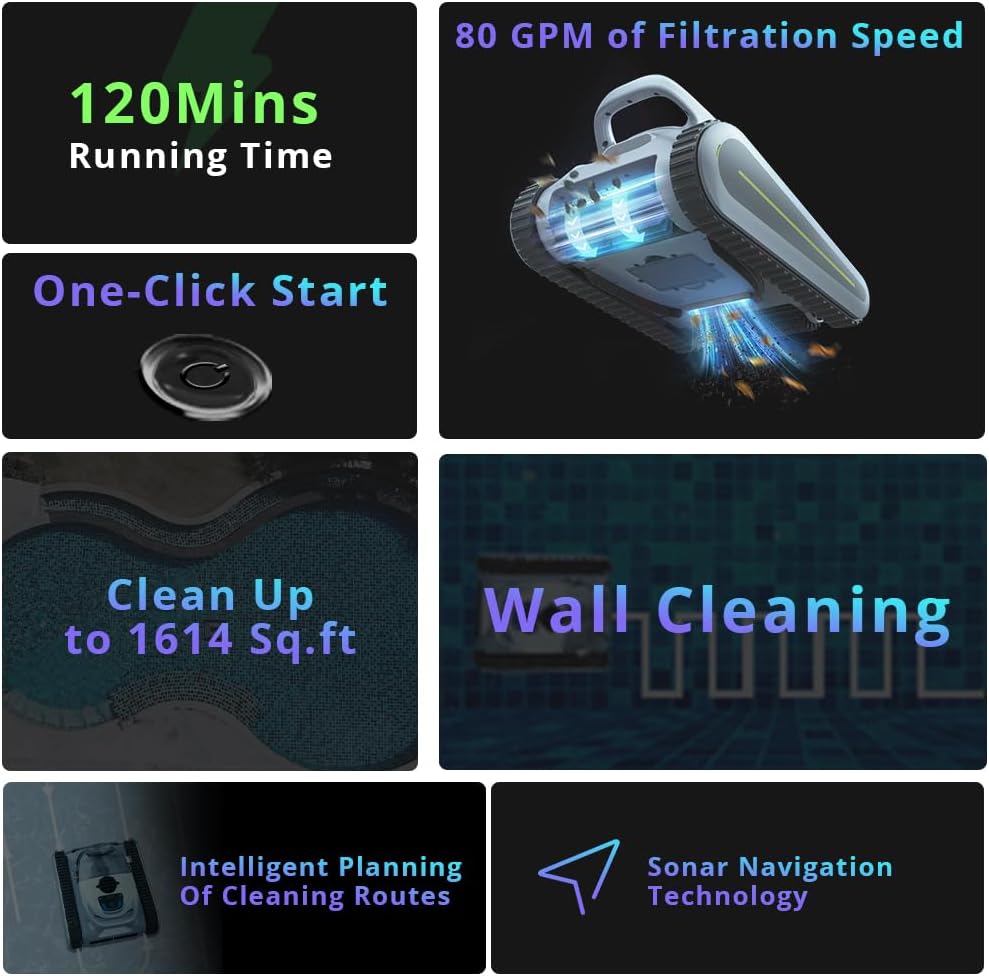 Cordless Robotic Pool Cleaner for Inground Pools with Wall Climbing V908796