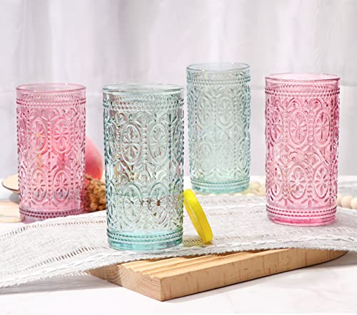 Pink Glassware Set of 4, 10oz Vintage Drinking Glasses W1392