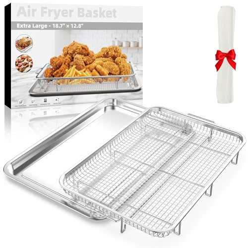 Air Fryer Basket, 2 Set Air Fryer Pans and Tray for Oven with 60 PCS Parchment Papers, Demaxia Non-stick Stainless Steel Oven Air Fryer Basket and Tray-18.8" x 12.8"Extra Large &15.7" x 11.6"Large