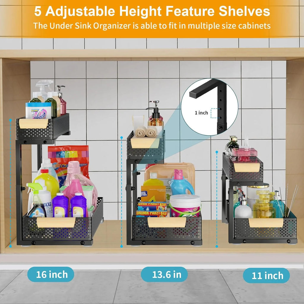 Under Sink Organizer, 2 Pack, 5 Height Adjustable, 2-Tier Pull Out Drawer Shelf I965785