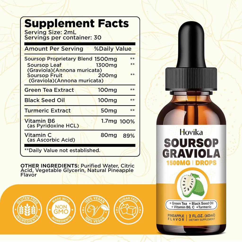 Soursop Graviola Liquid Drops with Green Tea, Black Seed Oil, Turmeric, 2 Fl Oz E51106